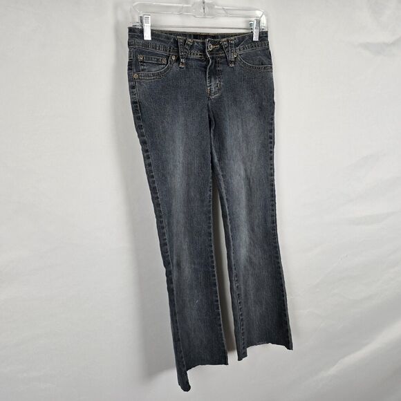 Angels Jeans Juniors 3 Blue Flare Raw Hem Ankle Embordered Sequin Bejeweled - Picture 14 of 16